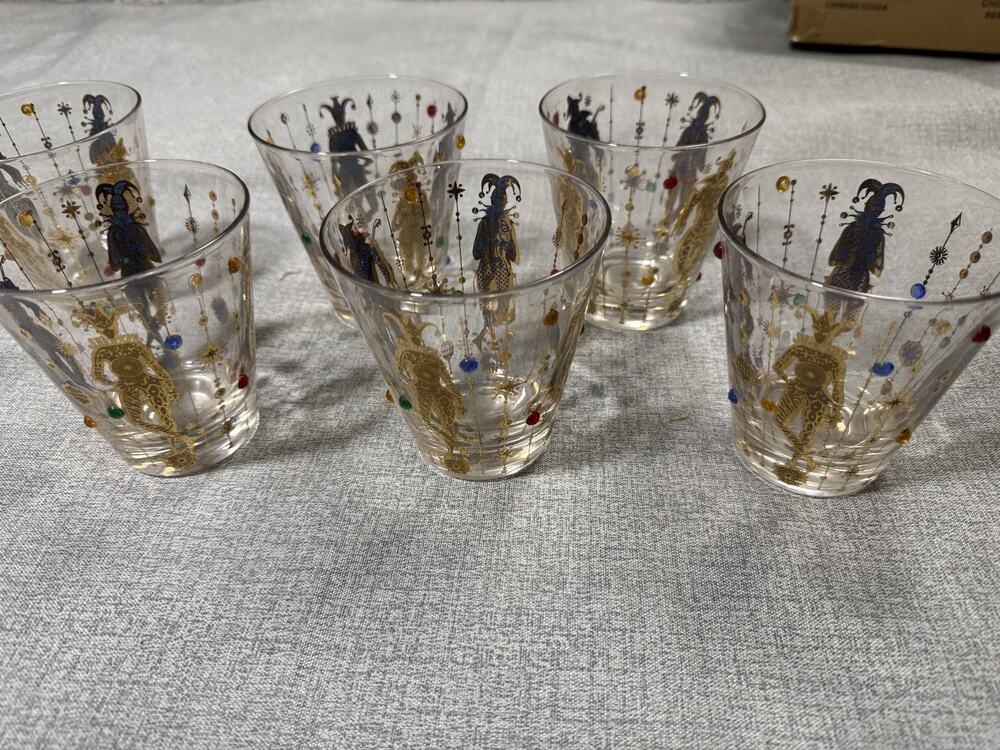 Culver Mardi Gras Jester Double Old Fashioned Glasses Set of 6 22K Gold Jewels